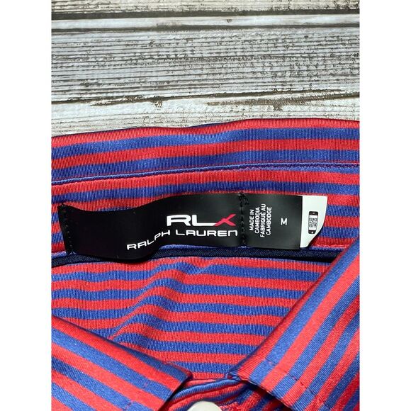 RLX Men's Golf Polo Red Blue Stripes Logo Size M EUC - Picture 4 of 7